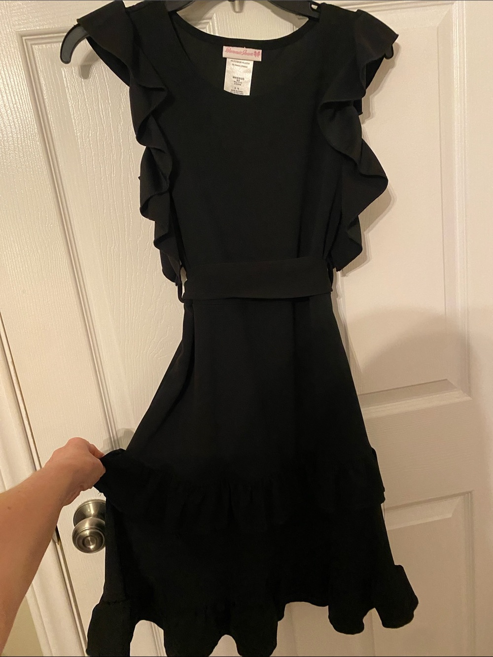 Bonnie Jean Black Ruffle Midi Dress with Tie Waist Girls Size 16